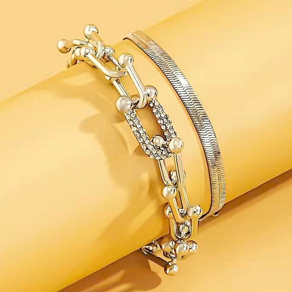 Sterling Silver U Link Rhinestone Multilayer Two Piece Herringbone Bracelet - Picture 3 of 5